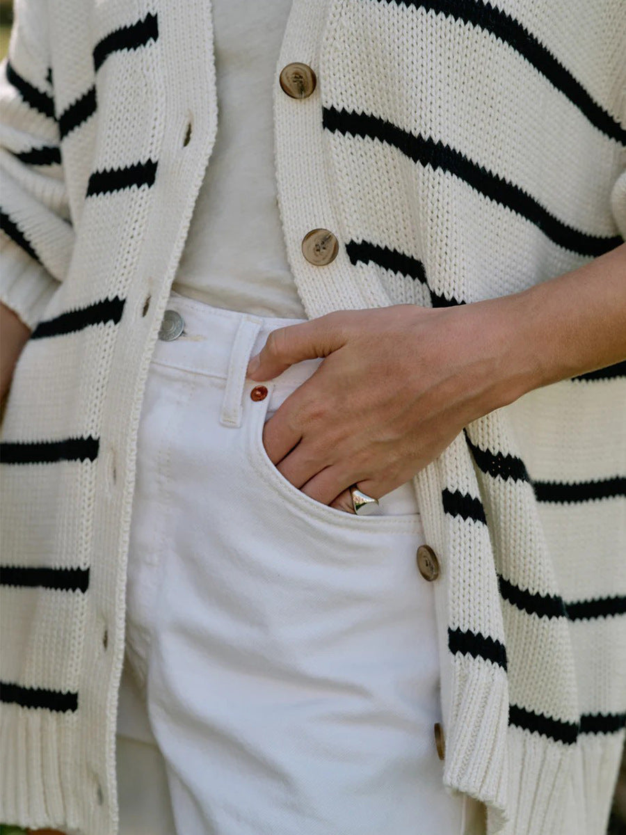 Striped V-Neck Color Block Button Down Cardigan