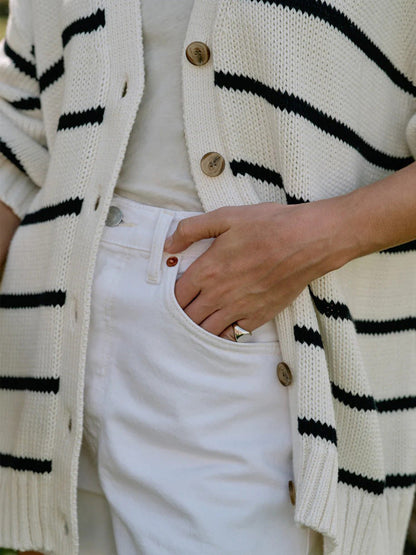 Striped V-Neck Color Block Button Down Cardigan