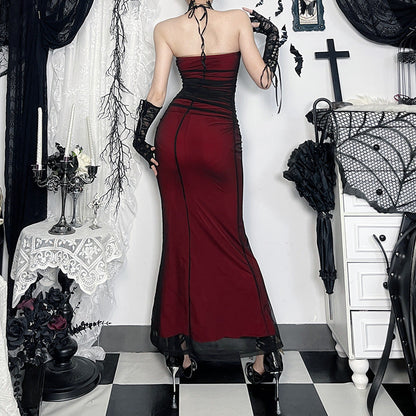 Black Red Halter Maxi Dress Unique Goth Style