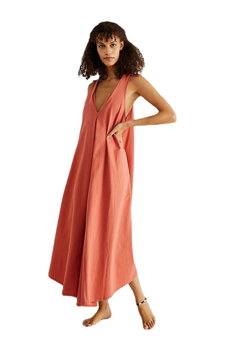 Spring/Summer Cotton And Hemp Large Ethnic Style Sleeveless Double Pocket Dress