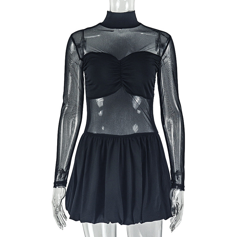 Trendy Solid Color A-Line Dress With Long Sleeves