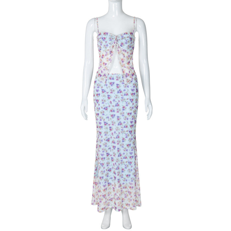 Sexy Floral Mesh Layered Cami Midi Dress Set