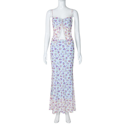 Sexy Floral Mesh Layered Cami Midi Dress Set