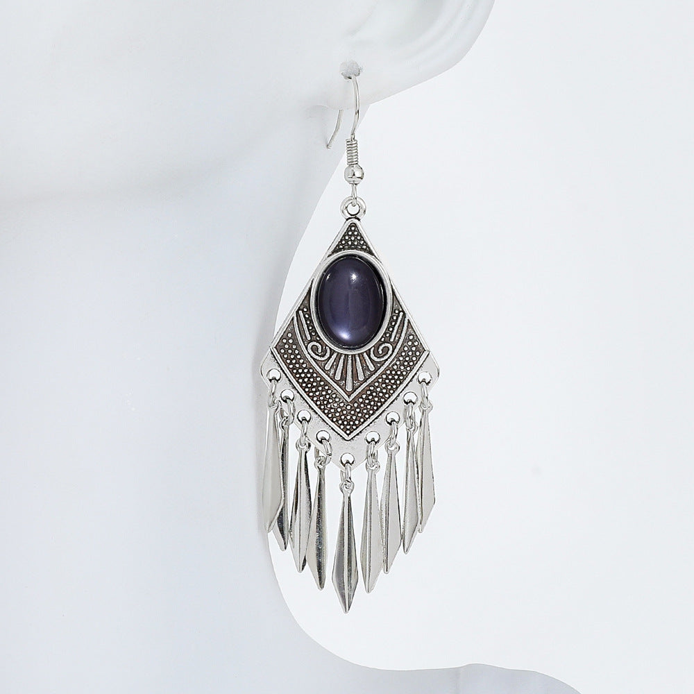 Diamond-Shaped Alloy Earrings with Turquoise Tassels for Women