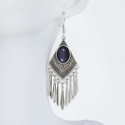 Diamond-Shaped Alloy Earrings with Turquoise Tassels for Women