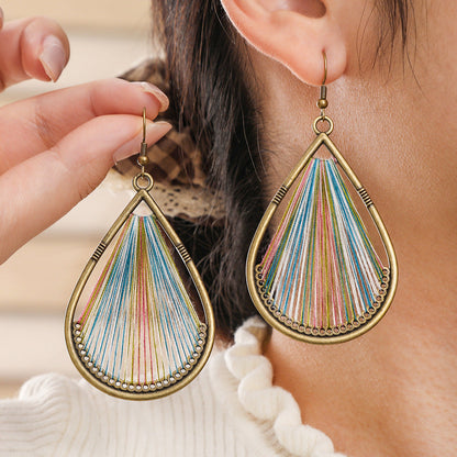 Bohemian Handcrafted Wire Earrings Colorful Thread Weaving Statement Dangle Earrings