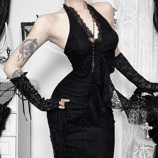 French Vintage Lace Maxi Dress Summer High Waist Bodycon