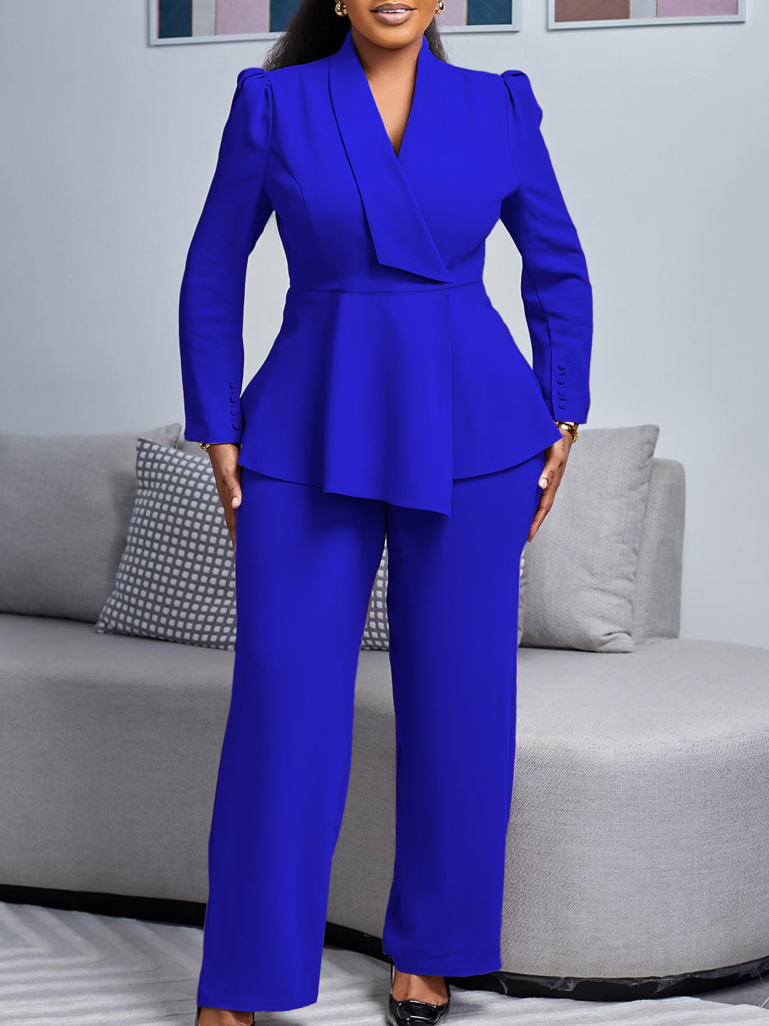 Elegant Ruffle Top And Wide Leg Pants Set For Women