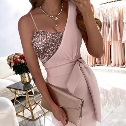 One-Shoulder Sequin Dress Trendy Sleeveless Long Evening Gown