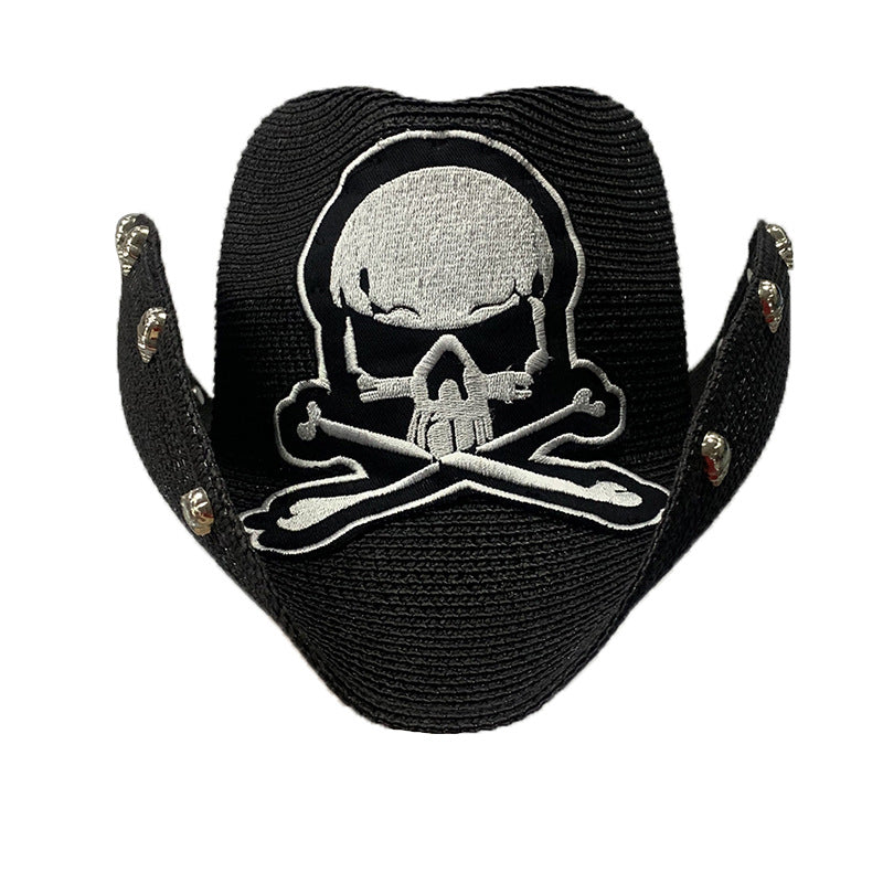 Black Paper Straw Cowboy Hat With Skull Design