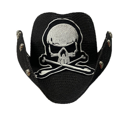 Black Paper Straw Cowboy Hat With Skull Design