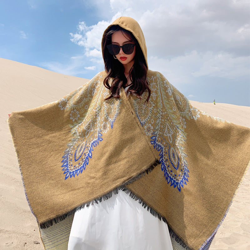 Autumn And Winter Hooded Shawl, National Style Dual-Purpose Warm Scarf