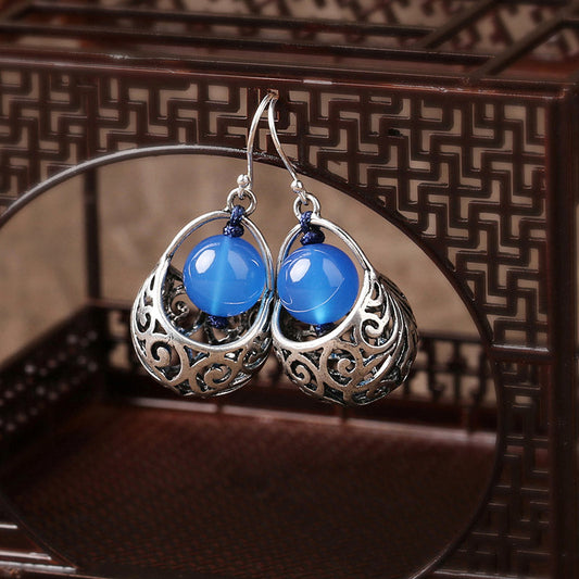 Ethnic Style Earrings Blue Agate Silver Earrings Retro Tibetan Style With Cheongsam Sterling Silver Earrings