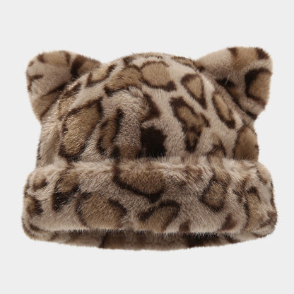 Retro Fluffy Leopard Cat Ears Warm Beanie Cap