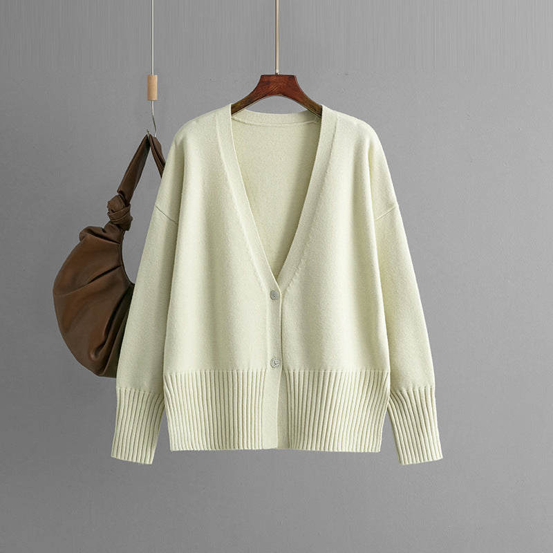 Elegant V-Neck Solid Color Loose Knit Cardigan