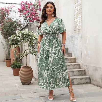 Floral Print High Waist Short Sleeve Dress