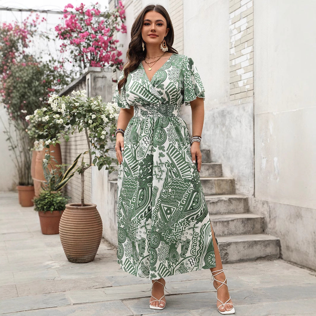 Floral Print High Waist Short Sleeve Dress