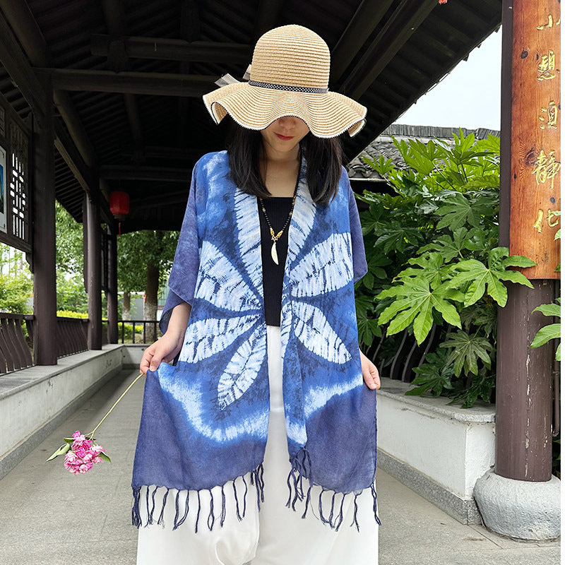 New Tie Dyed Ethnic Style Shawl Women'S Summer Sunscreen Beach Scarf Cotton And Hemp Scarf Cloak