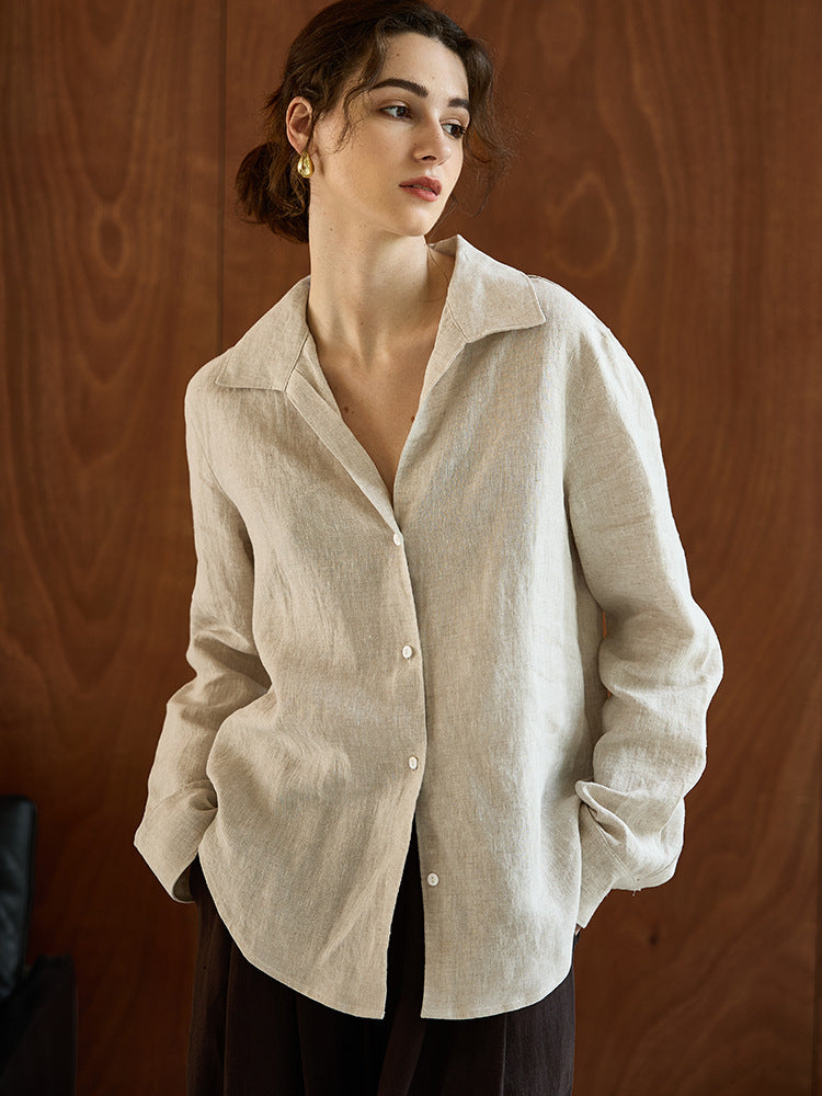 Linen V-Neck Long Sleeve Shirt For Women - Casual Elegant Office Top