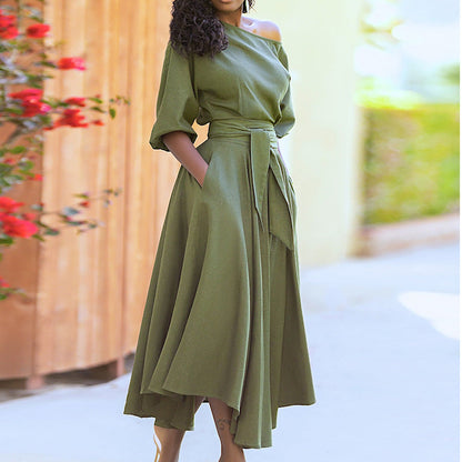 Slant Shoulder Maxi Dress With Tie Waist