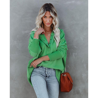 V-Neck Hooded Multi-Colored Bat-Sleeved Sweatshirt Loose Threaded Panels Top For Women