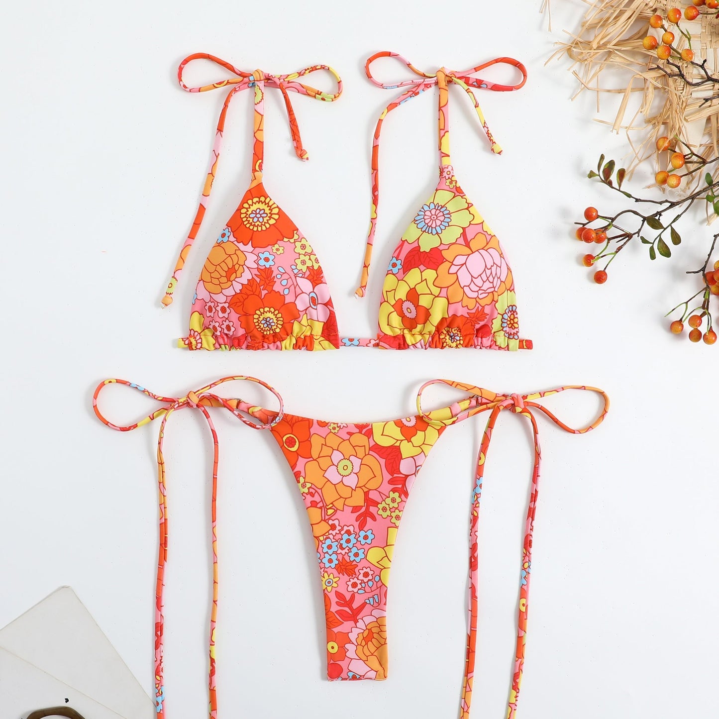 Print String Tie Backless Spaghetti Swimwear