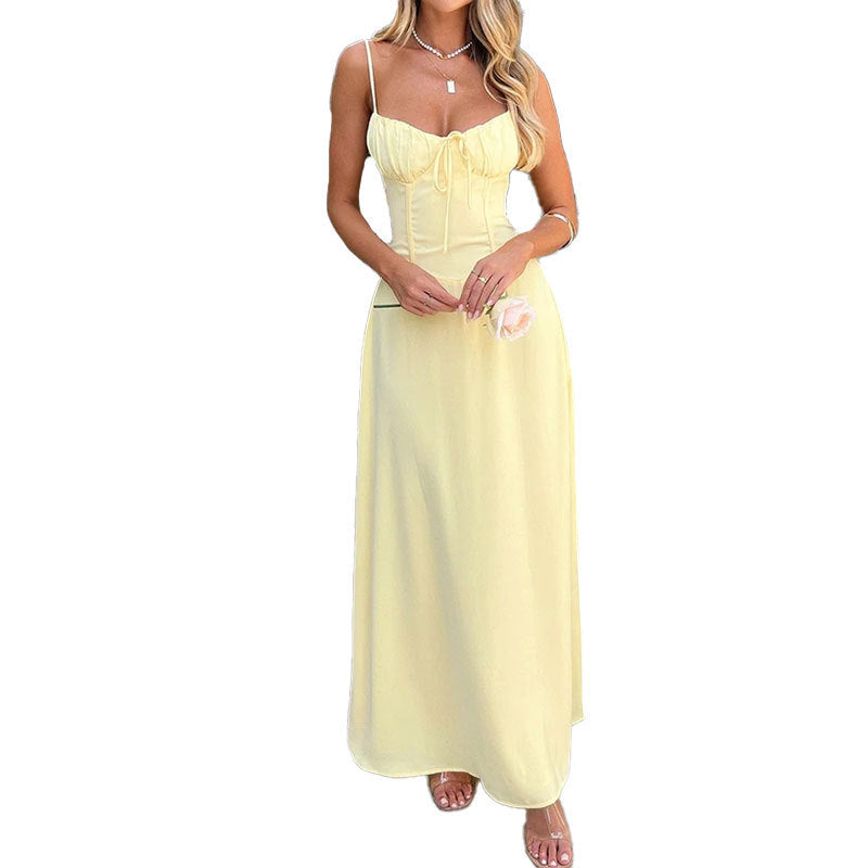 Trendy Solid Color A-Line Dress with Tie Straps