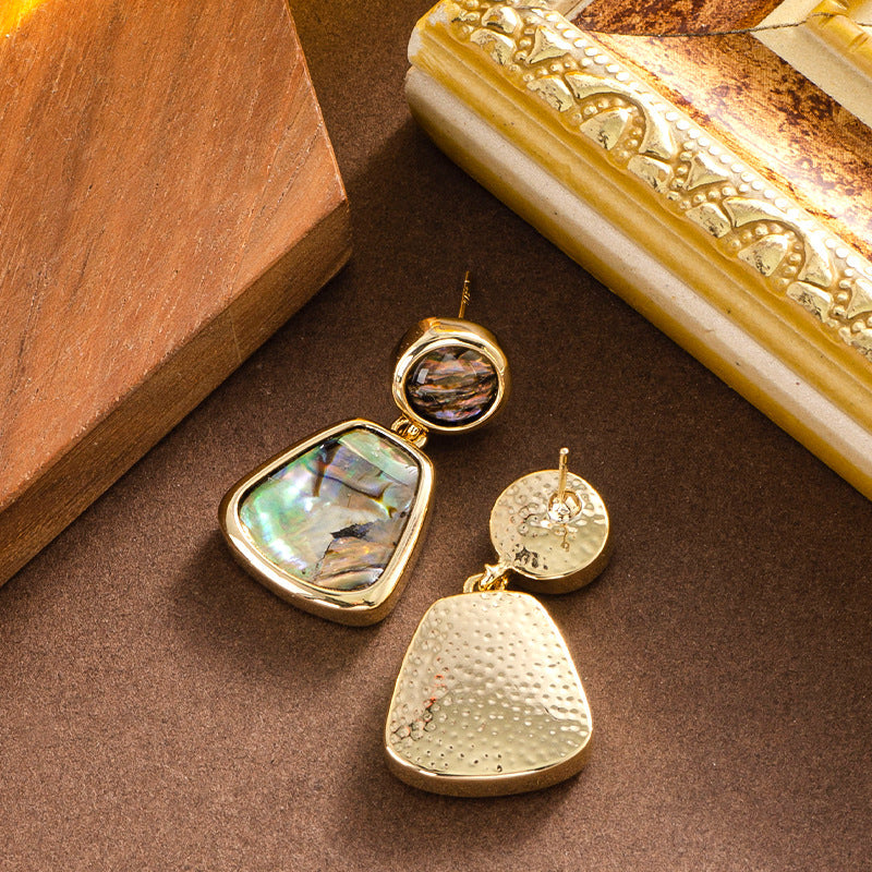 French Minimalist Natural Abalone Shell Inlaid Silver Needle Earrings