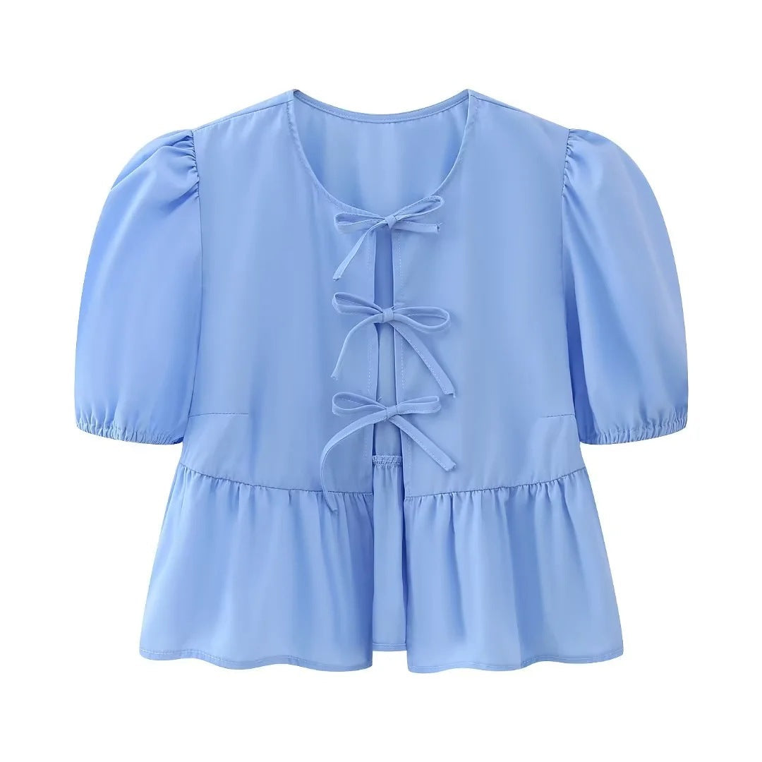 Cute Tie Front Round Neck Pullover Top