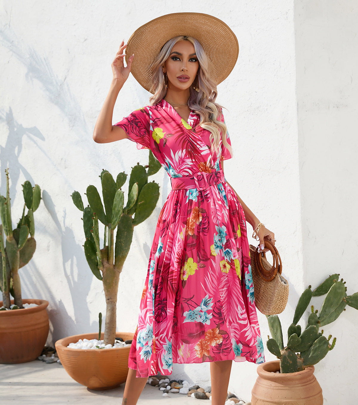 Summer Floral Print Pressed Short-Sleeved Dress