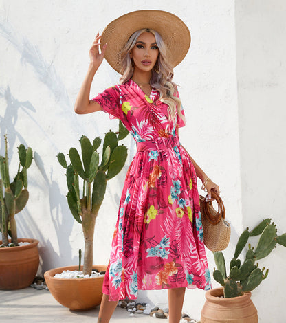 Summer Floral Print Pressed Short-Sleeved Dress