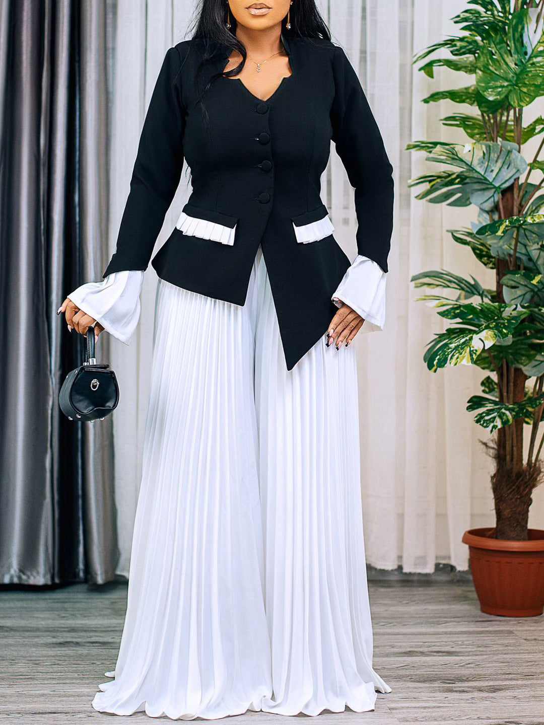 Fashionable Bell Sleeve Top And Wide Leg Pants Set