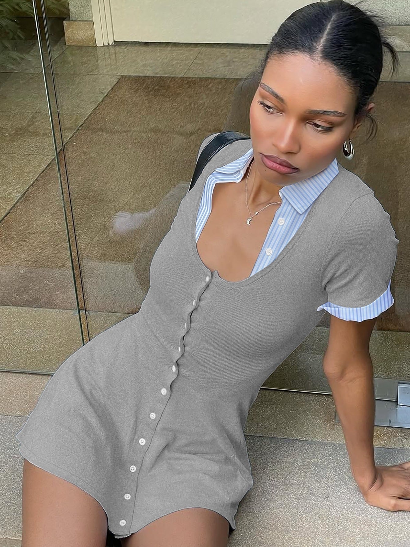 Fashionable Color Block Cardigan Short Sleeve Dress