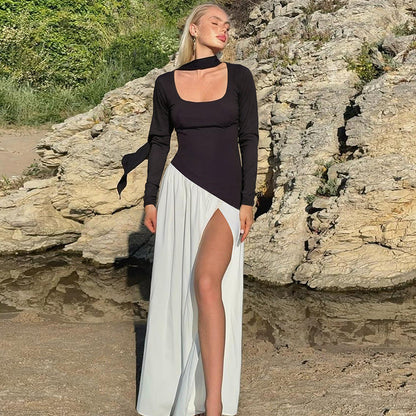Elegant Color-Block U-Neck Long Sleeve Dress