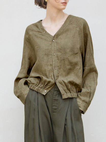 V-Neck Loose Linen Long Sleeve Shirt Stylish Retro Design