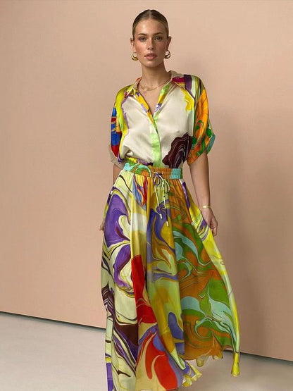 Fashionable Floral Satin Lounge Set For Business Casual
