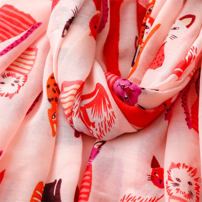Spring And Autumn Sunscreen Cute Cat Paradise Printed Silk Scarf Satin Cotton Long Scarf