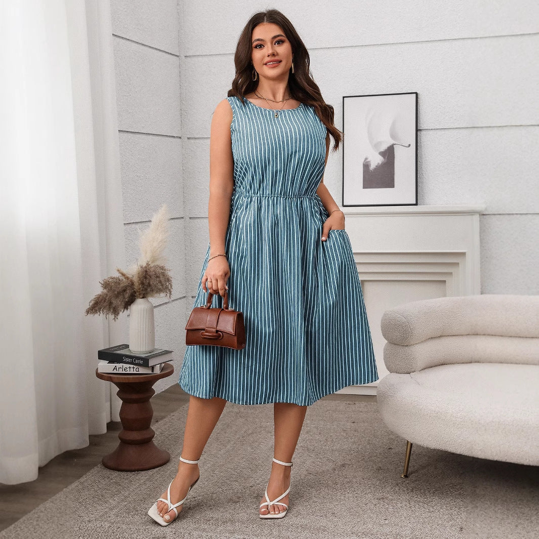 Stylish Striped Pocket Sleeveless Midi Dress for Casual Wear