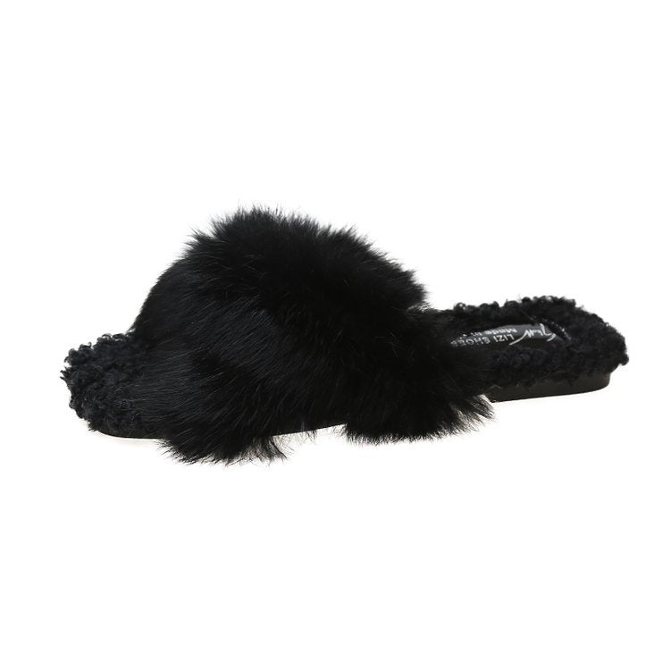 Simple Open Toe Cross Faux Fur Warm Slippers