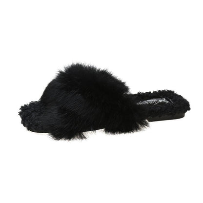Simple Open Toe Cross Faux Fur Warm Slippers