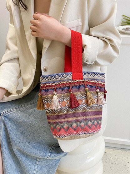 Vintage Ethnic Style Women's Bucket Bag with Embroidery and Tassels