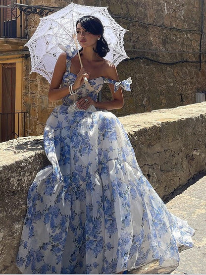Elegant Off-Shoulder Maxi Dress with 3D Floral Design