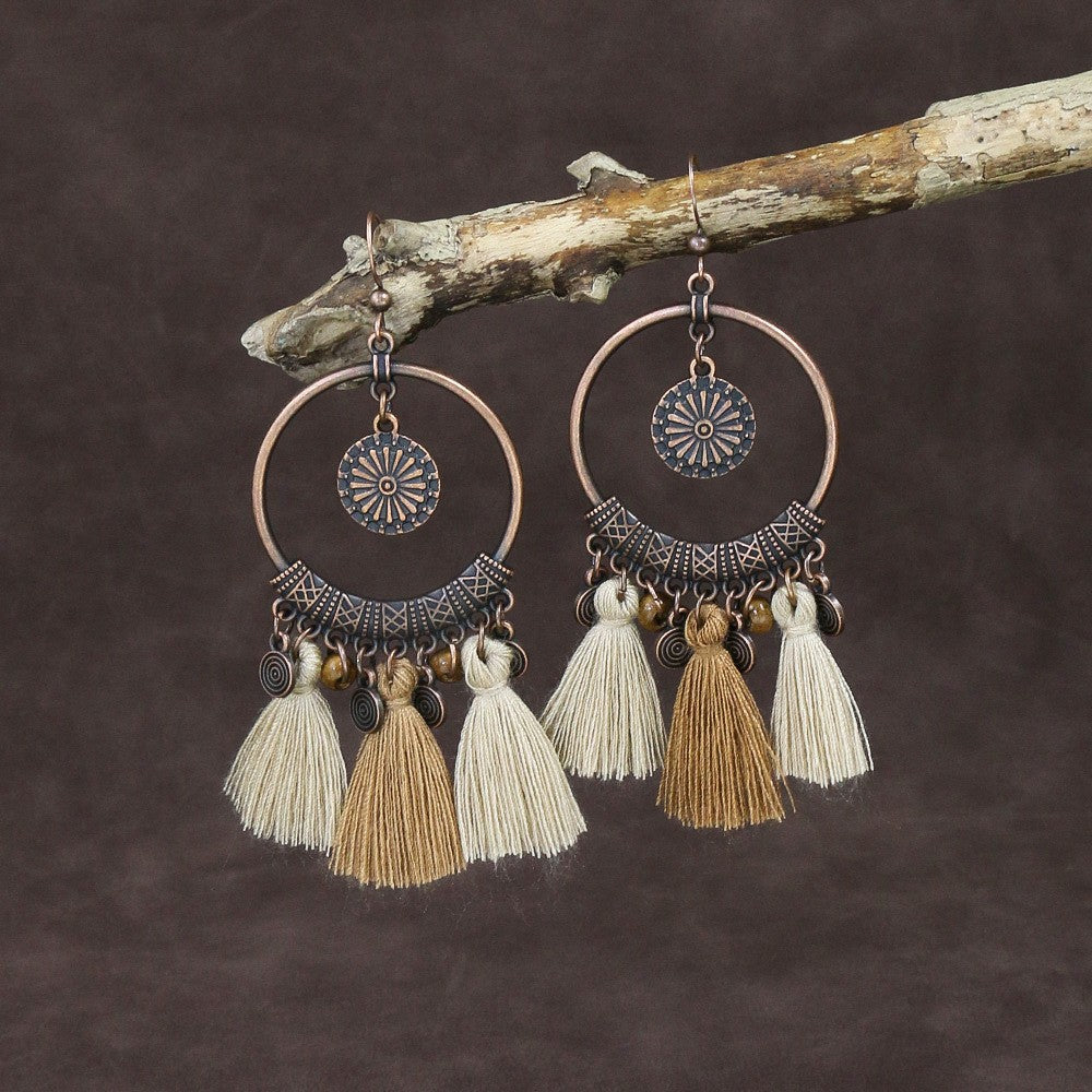 Exaggerated Vintage Geometric Wooden Earrings with Tassel and Bell