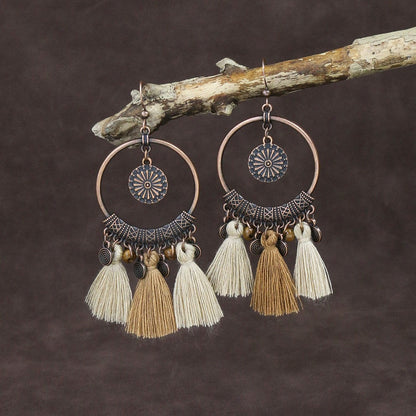 Exaggerated Vintage Geometric Wooden Earrings with Tassel and Bell