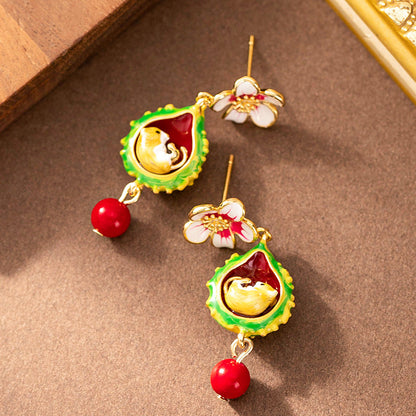 Charming Hand-Painted Enamel Squirrel Floral Earrings For Women