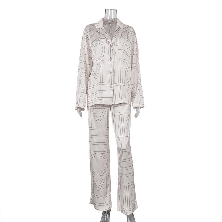 Letter Print Satin Long Sleeve Shirt & Pants Set