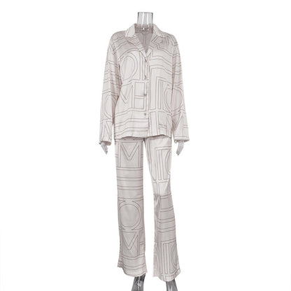 Letter Print Satin Long Sleeve Shirt & Pants Set