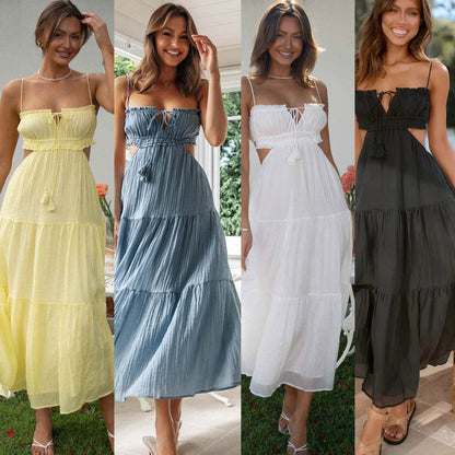 Women'S Clothing 2023 New V-Neck Sleeveless Solid Color Stitched Large Swing Long Dress