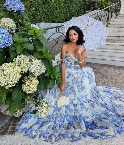 Elegant Off-Shoulder Maxi Dress with 3D Floral Design