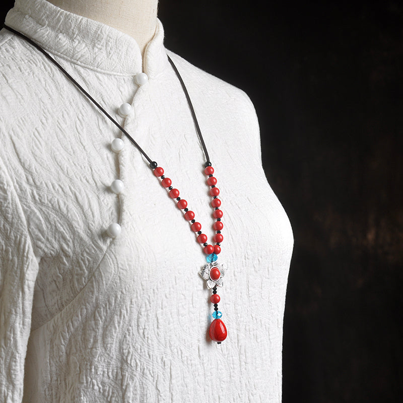 Retro Lotus Pendant Vermilion Decoration Necklace Simple Accessories Pendant Clothes Pendant National Style Sweater Chain